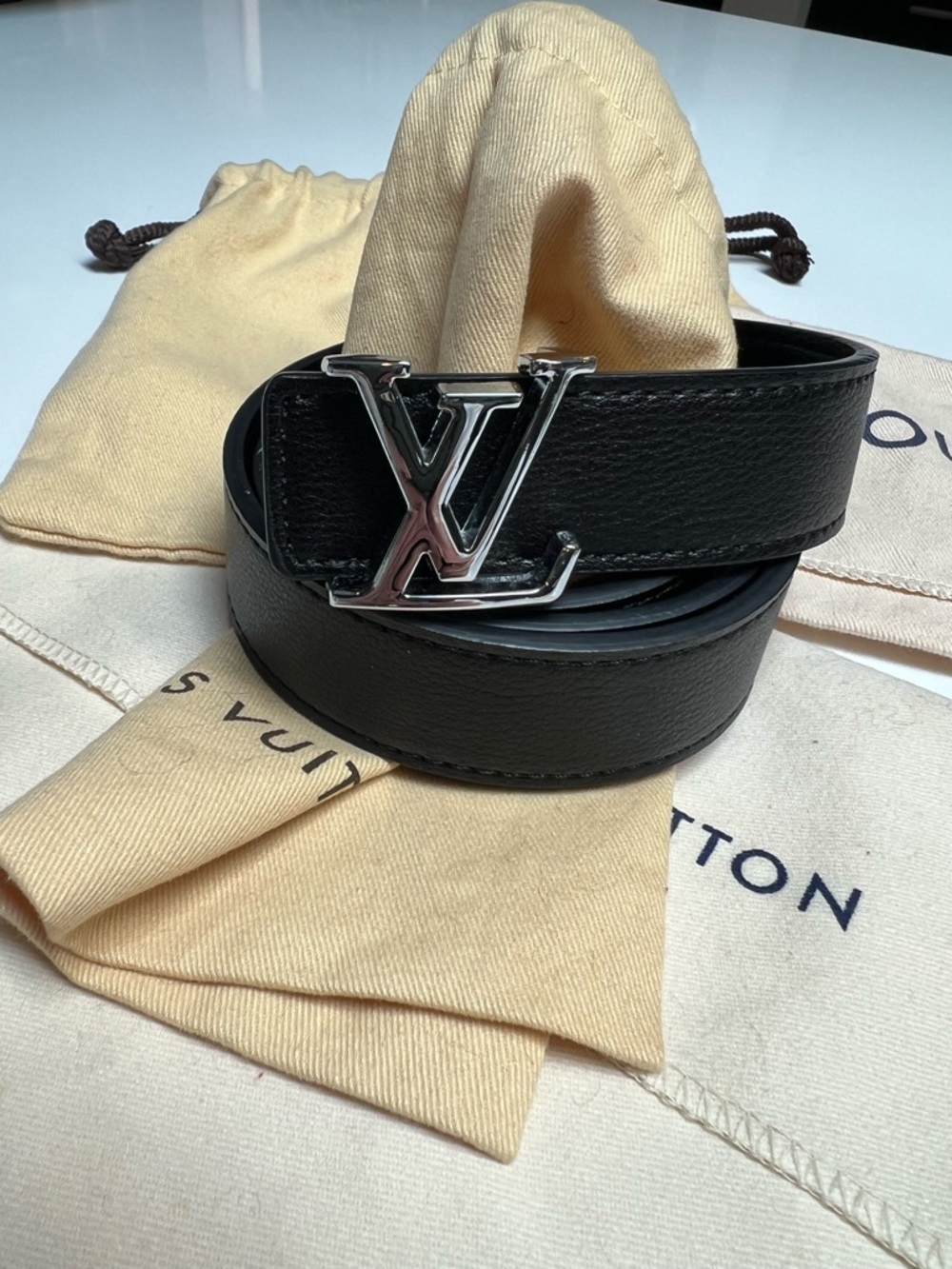 Louis Vuitton Black Leather Belt with Silver LV Initials Buckle